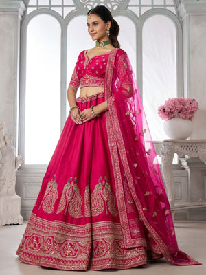 Rajwada Dark Pink Silk Blend Embellished Semi Stitched Lehenga For Women