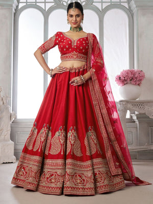 Rajwada Red Silk Blend Embellished Semi Stitched Lehenga For Women