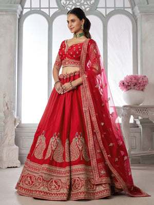 Rajwada Red Silk Blend Embellished Semi Stitched Lehenga For Women