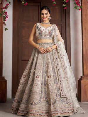 Rajwada Off White Net Embellished Semi Stitched Lehenga For Women