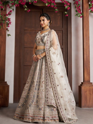 Rajwada Off White Net Embellished Semi Stitched Lehenga For Women