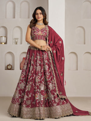 Rajwada Wine Silk Blend Embellished Semi Stitched Lehenga For Women