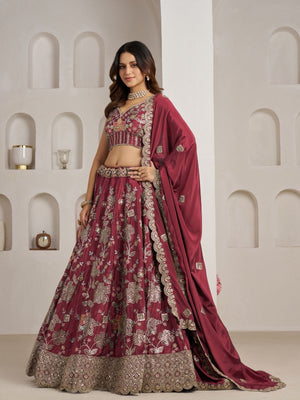 Rajwada Wine Silk Blend Embellished Semi Stitched Lehenga For Women