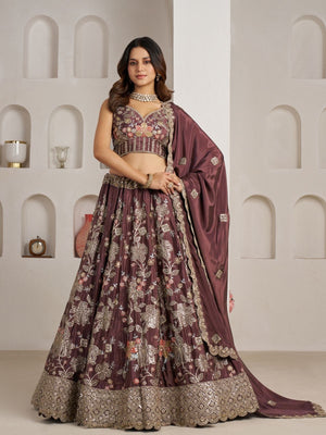 Rajwada Mauve Wine Silk Blend Embellished Semi Stitched Lehenga For Women