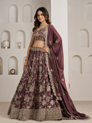 Rajwada Mauve Wine Silk Blend Embellished Semi Stitched Lehenga For Women