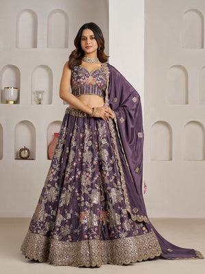 Rajwada Purple Silk Blend Embellished Semi Stitched Lehenga For Women
