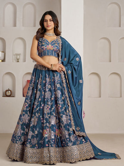 Rajwada Teal Blue Silk Blend Embellished Semi Stitched Lehenga For Women