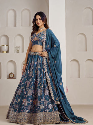 Rajwada Teal Blue Silk Blend Embellished Semi Stitched Lehenga For Women