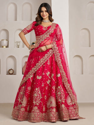 Rajwada Red Silk Blend Embellished Semi Stitched Lehenga For Women