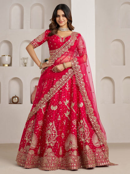 Rajwada Red Silk Blend Embellished Semi Stitched Lehenga For Women