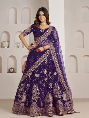 Rajwada Royal Purple Silk Blend Embellished Semi Stitched Lehenga For Women