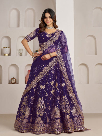 Rajwada Royal Purple Silk Blend Embellished Semi Stitched Lehenga For Women
