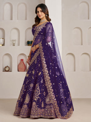 Rajwada Royal Purple Silk Blend Embellished Semi Stitched Lehenga For Women
