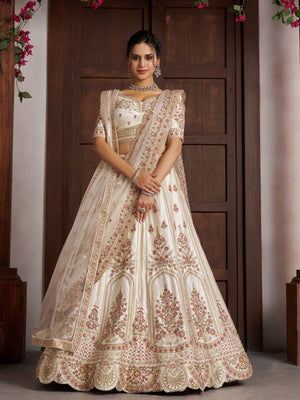 Rajwada Off White Silk Blend Embellished Semi Stitched Lehenga For Women