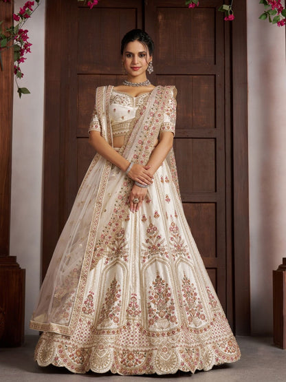 Rajwada Off White Silk Blend Embellished Semi Stitched Lehenga For Women