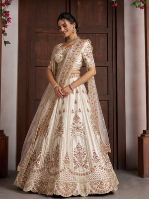 Rajwada Off White Silk Blend Embellished Semi Stitched Lehenga For Women