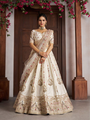 Rajwada Off White Silk Blend Embellished Semi Stitched Lehenga For Women