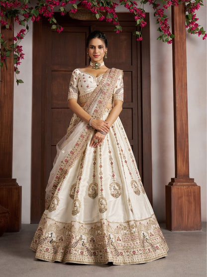 Rajwada Off White Silk Blend Embellished Semi Stitched Lehenga For Women