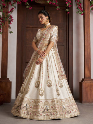 Rajwada Off White Silk Blend Embellished Semi Stitched Lehenga For Women