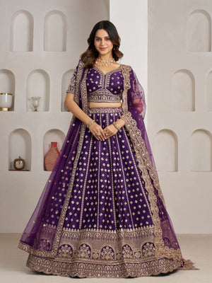 Rajwada Royal Purple Silk Blend Embellished Semi Stitched Lehenga For Women