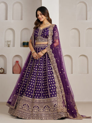 Rajwada Royal Purple Silk Blend Embellished Semi Stitched Lehenga For Women