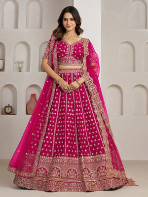 Rajwada Dark Pink Silk Blend Embellished Semi Stitched Lehenga For Women