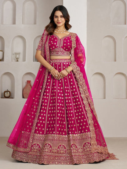 Rajwada Dark Pink Silk Blend Embellished Semi Stitched Lehenga For Women