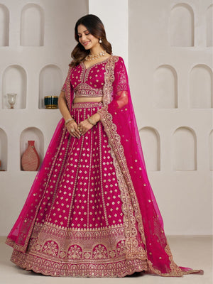 Rajwada Dark Pink Silk Blend Embellished Semi Stitched Lehenga For Women
