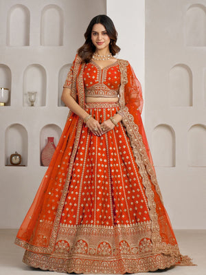 Rajwada Orange Silk Blend Embellished Semi Stitched Lehenga For Women