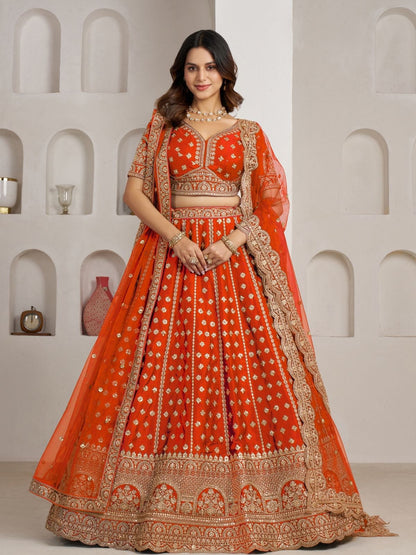 Rajwada Orange Silk Blend Embellished Semi Stitched Lehenga For Women