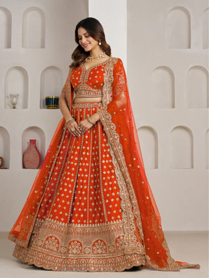 Rajwada Orange Silk Blend Embellished Semi Stitched Lehenga For Women