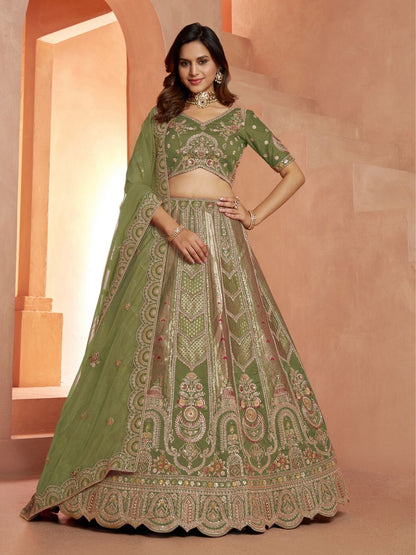 Rajwada Sage Green Silk Blend Embroidered Semi Stitched Lehenga For Women