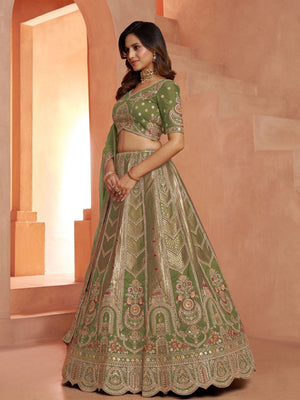 Rajwada Sage Green Silk Blend Embroidered Semi Stitched Lehenga For Women