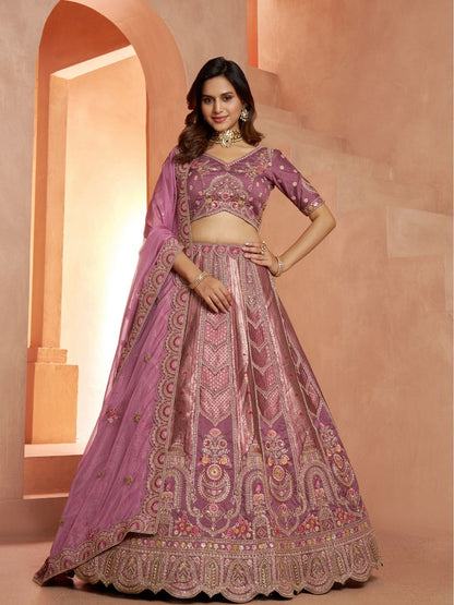 Rajwada Mauve Silk Blend Embroidered Semi Stitched Lehenga For Women
