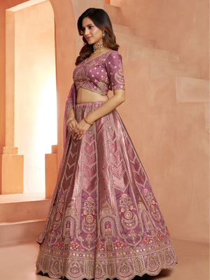 Rajwada Mauve Silk Blend Embroidered Semi Stitched Lehenga For Women