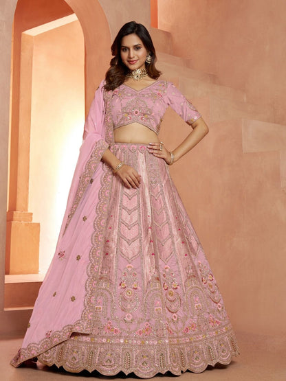 Rajwada Baby Pink Silk Blend Embroidered Semi Stitched Lehenga For Women