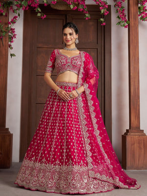 Rajwada Dark Pink Net Embellished Semi Stitched Lehenga For Women