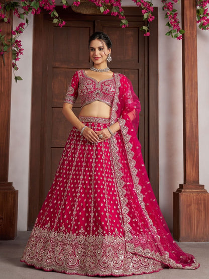 Rajwada Dark Pink Net Embellished Semi Stitched Lehenga For Women