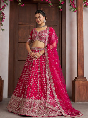 Rajwada Dark Pink Net Embellished Semi Stitched Lehenga For Women