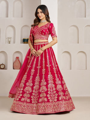 Rajwada Dark Pink Silk Blend Embellished Semi Stitched Lehenga For Women