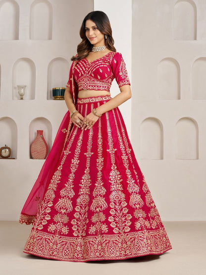 Rajwada Dark Pink Silk Blend Embellished Semi Stitched Lehenga For Women