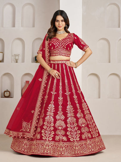 Rajwada Red Silk Blend Embellished Semi Stitched Lehenga For Women