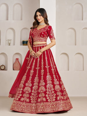 Rajwada Red Silk Blend Embellished Semi Stitched Lehenga For Women