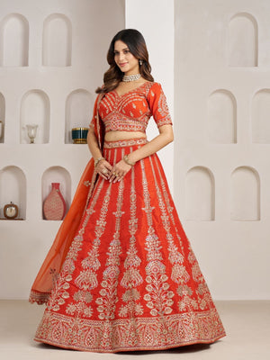 Rajwada Orange Silk Blend Embellished Semi Stitched Lehenga For Women