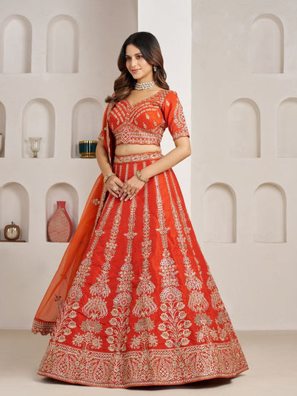 Rajwada Orange Silk Blend Embellished Semi Stitched Lehenga For Women