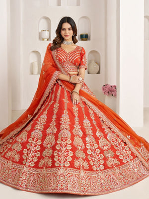 Rajwada Orange Silk Blend Embellished Semi Stitched Lehenga For Women