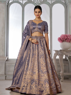 Rajwada Pastel Blue  Blend Embroidered Semi Stitched Lehenga For Women