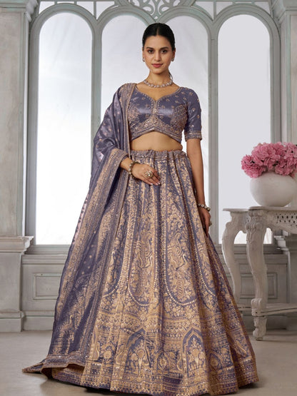 Rajwada Pastel Blue  Blend Embroidered Semi Stitched Lehenga For Women