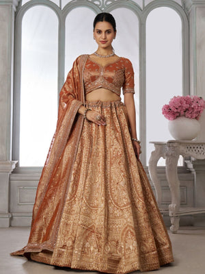 Rajwada Rust Silk Blend Embroidered Semi Stitched Lehenga For Women