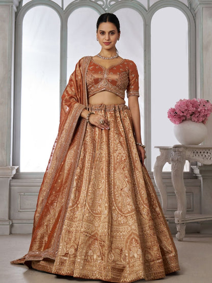 Rajwada Rust Silk Blend Embroidered Semi Stitched Lehenga For Women
